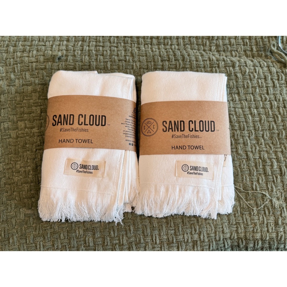 Sand Cloud Hand Towels Set of 2 White 100% Turkish Organic Cotton Fringed New